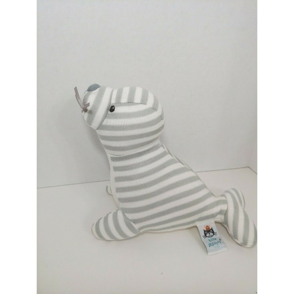 Little Jellycat Shiver Seal Chime Rattle woven knit gray  Little Jellycat Shiver Seal Chime‎ Rattle woven knit gray white stripes